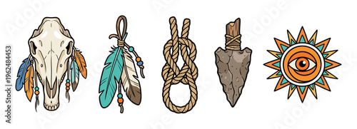Ancient tribal spiritual artifacts collection featuring an animal skull, decorative feathers, a sturdy rope knot, a primitive stone tool, and a mystical sun eye.