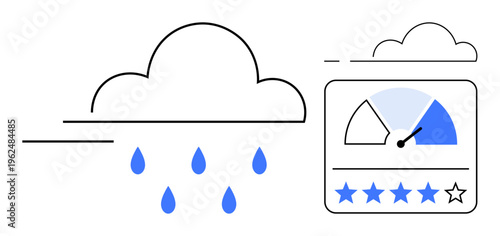 Weather forecast concept. Cloud with rainfall and data visualization through a performance rating gauge with star-based reviews. Weather forecast ion across various platforms, apps, analytics