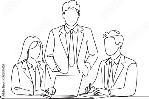 Continuous line drawing of business team having meeting, coworkers discuss project, three people discussing business plan