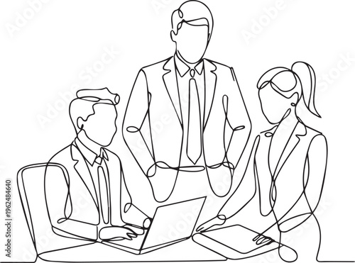 Continuous line drawing of business team having meeting, coworkers discuss project, three people discussing business plan Vector Art