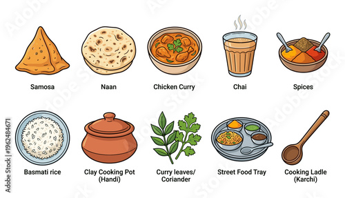 Indian food dishes, ingredients, and cooking utensils are depicted in a colorful vector illustration, showcasing a variety of popular traditional cuisine elements.