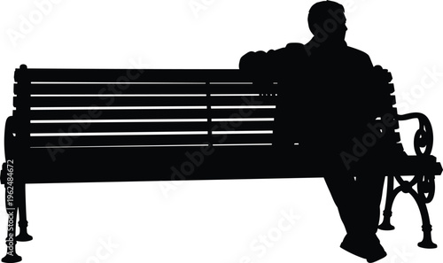 Park bench silhouette illustration set, person sitting resting contemplation outdoor artwork, leisure vector design concept