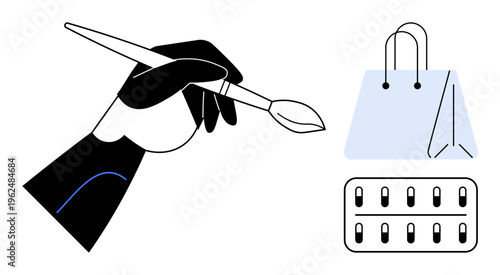 Art, creativity, digital commerce, health, online shopping, pharmaceutical concepts. Hand holding paintbrush, shopping bag pills. Art and creativity e-commerce connection ideas