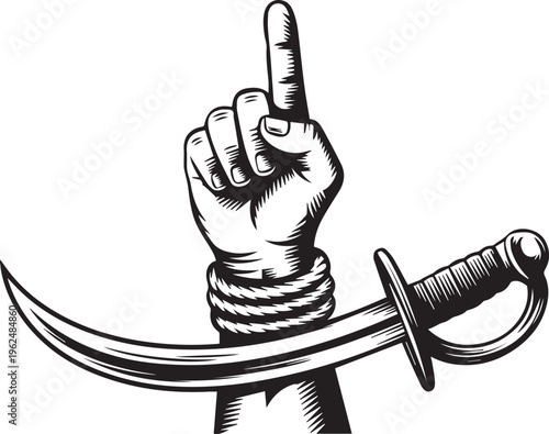 Raised hand pointing up index finger with sword attached to wrist pirate style concept