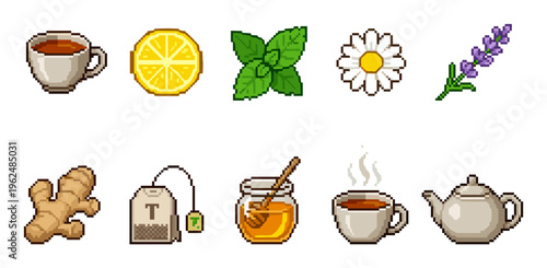 Pixel art tea ingredients and accessories collection featuring various herbal elements, a steaming cup, teapot, honey, and lemon slice in a charming retro video game style.