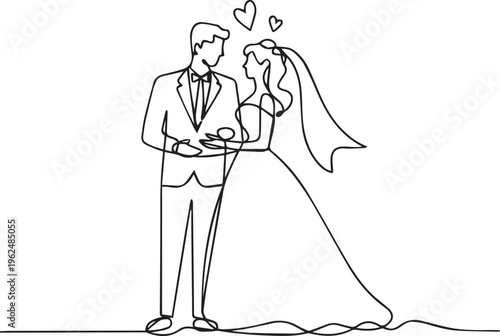 Wedding couple continuous line art featuring bride and groom standing together with hearts representing love and marriage celebration scene