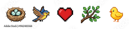 Pixel art collection of nature and love icons including a bird's nest, flying bird, heart, leafy branch, and a cute yellow chick, rendered in a charming retro video game style.