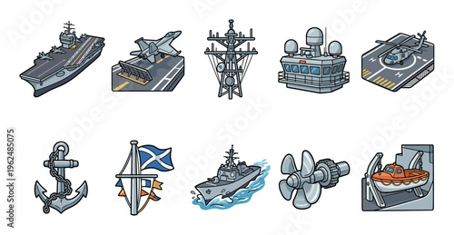 Naval elements and maritime icons collection featuring various military ship components and sea-related equipment in a cartoon style.