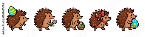 Cute pixel art hedgehogs celebrating Easter with colorful eggs, flowers, and baskets, embodying the joyful spirit of the spring holiday.