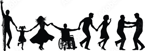 Inclusive group of diverse people silhouettes holding hands, dancing together with child and wheelchair, unity community vector illustration celebrating diversity