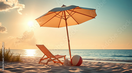 summer beach scene with a sun umbrella, beach chair, and bal 