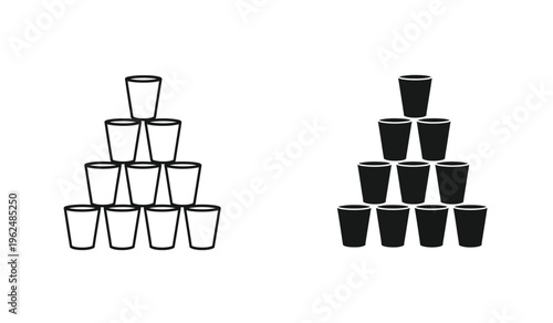 A silhouette of two pyramid structures made of stacked cups one clear and one black on a white background showcasing different formations