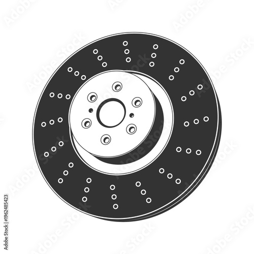 Brake disc icon, detailed automotive brake rotor in engraving style for auto repair and car service design. Vector