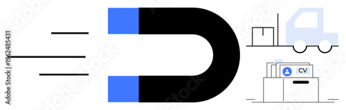 Talent attraction concept. Magnet drawing job applications with resumes and recruitment tools, workforce acquisition. Talent sourcing and recruitment efficiency. For HR, employment, staffing, hiring