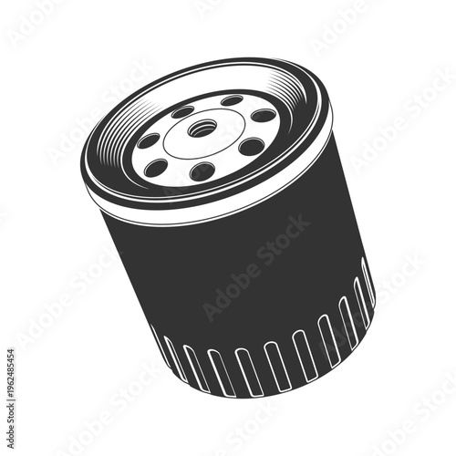 Oil filter icon, automotive engine filter in engraving style for car maintenance, auto repair and garage service design. Vector