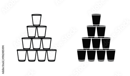 A silhouette of two pyramid stacks of drinking glasses side by side
