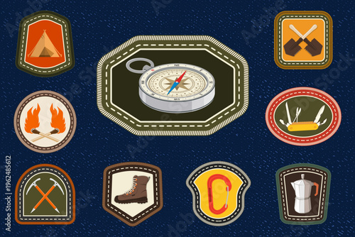 Adventure badges set with compass, retro vintage travel and outdoor patches for navigation, camping and exploration design. Vector