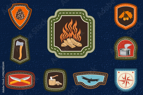 Camping badges set with campfire, retro vintage outdoor patches for camping, survival and adventure design. Vector