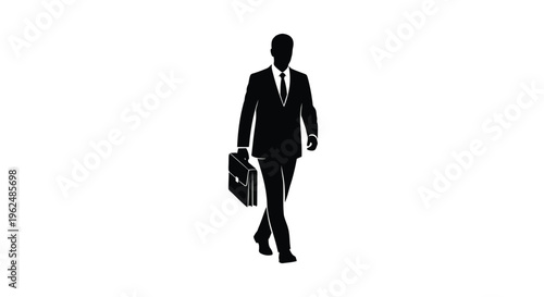 Businessman walking, suit silhouette, briefcase icon, professional vector