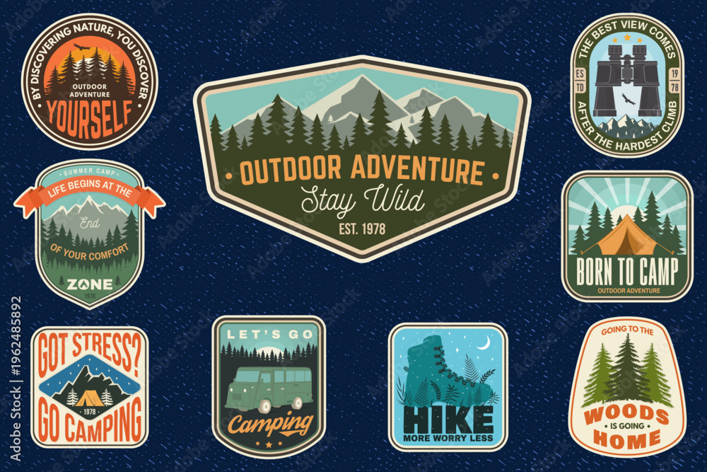 Obraz premium Camping lifestyle stickers set, retro vintage outdoor decals with quotes, forest, mountains and travel adventure patches. Vector