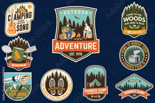 Adventure stickers set, retro vintage outdoor decals with camping, forest and hiking patches for travel and nature design. Vector