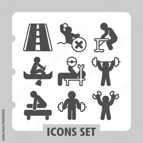 Road, boat, athlete modern icons set showcasing traffic, kayaking, various sport items in solid style for apps and print on white background. Set of nine glyph icons.