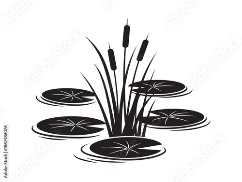 Lily pads and reeds calm botanical silhouette landscape illustration 