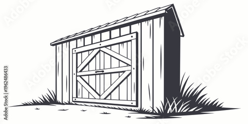 A detailed illustration of a wooden shed with a double door in a grassy area.