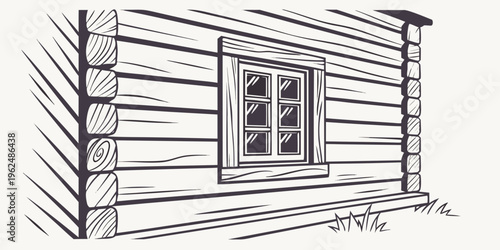 A detailed illustration of a log cabin wall with a window and wooden trim