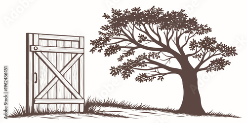 A large tree standing next to a wooden structure in a grassy area