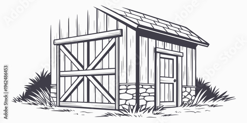 A small, rustic wooden shed with a pitched roof and a single door.