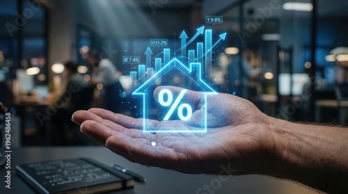 Hand holding house icon with percentage sign and rising financial arrows. This scene represents property investment and the mortgage rates rising