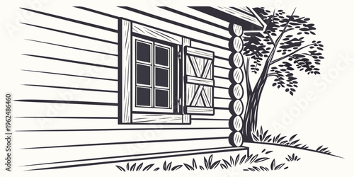 An old wooden house with a window and a tree in front of it.