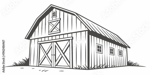 A detailed sketch of a traditional barn with a large central door and smaller side doors