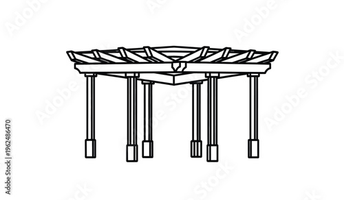 Silhouette of a six legged table with a unique top design featuring a central support and six thin legs