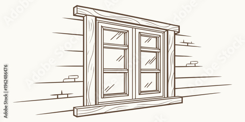 A detailed illustration of a double-hung window with a wooden frame.