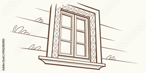 A beautifully illustrated window with intricate details and a charming view