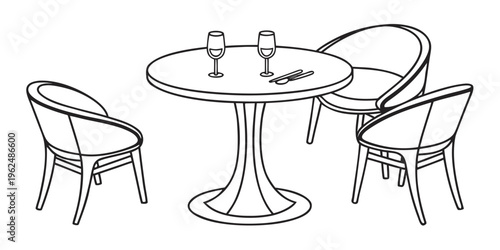 A minimalist illustration of a dining table with two chairs and a glass of wine
