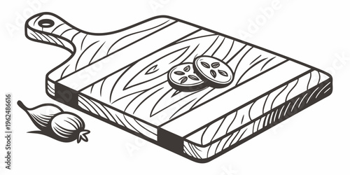 A detailed illustration of a wooden cutting board with a knife and a mushroom