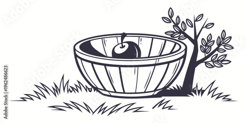 A small cat comfortably curled up inside a large, empty bowl in the grass
