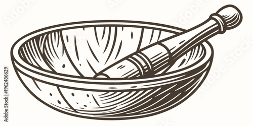 An old-fashioned mortar and pestle used for grinding and mixing substances.