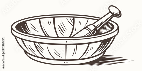 An old-fashioned mortar and pestle used for grinding and mixing substances.