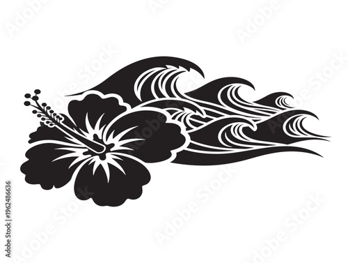 Eye catching hibiscus and ocean waves silhouette with exotic tropical feel 