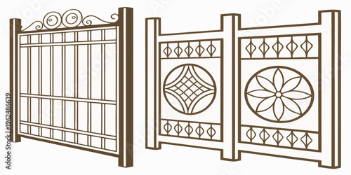 Intricate wooden gate design featuring geometric patterns and lattice work