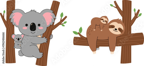 Cute Koala and Sloth on Tree Branch Cartoon Wildlife Vector Illustration