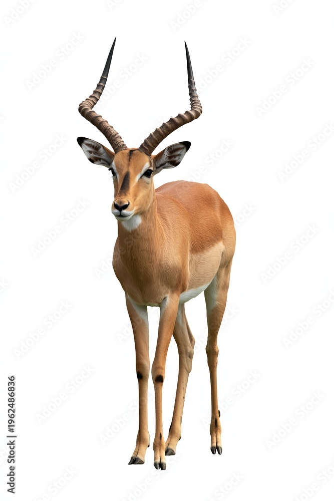 Fototapeta premium Male impala antelope with large spiraling horns standing on a white background animal wildlife