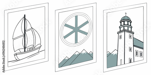Three distinct illustrations showcasing nautical themes and coastal landscapes