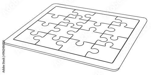 A collection of puzzle pieces arranged neatly on a flat surface.