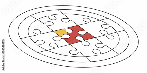 Incomplete jigsaw puzzle with missing pieces and a red and yellow piece inserted