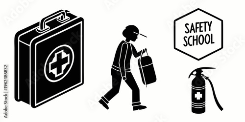 A person carrying a fire extinguisher and a safety kit with a safety school sign